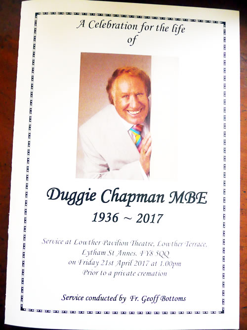 Duggie Chapman Funeral. Order of service.
