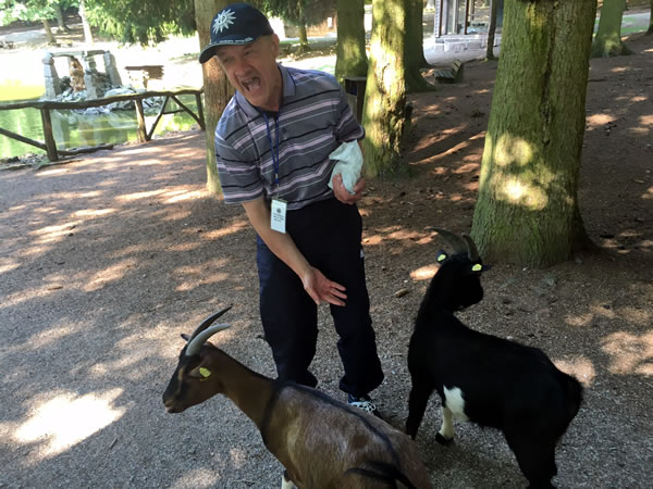 One of our group, Mark Walker, feeding the animals at the nature park in Eschwege